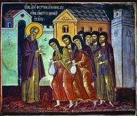 Прп. Неофиту приносят сокровища. Роспись кафоликона мон-ря Дохиар. 1568