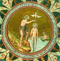 Крещение Господне. Мозаика баптистерия Православных в Равенне. Сер. V в.