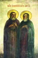 Кликните для увеличения картинки Преподобные Иоанникий и Елисей Радонежские. Роспись ц. прп. Сергия Радонежского Троице-Сергиевой лавры. 1883 г.