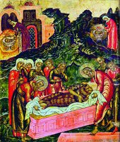 Положение св. Иоанна Предтечи во гроб. Иродиада с главой св. Иоанна. Служанка, прячущая главу. Клеймо иконы «Св. Иоанн Предтеча Ангел пустыни». Ок. 1700 г. (УИХМ)