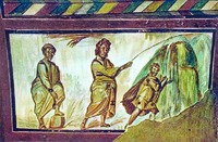 Прор. Моисей изводит воду из скалы. Роспись катакомб св. Каллиста в Риме. II–III вв.