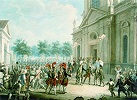 Духовенство приветствует имп. Екатерину II на ступенях Казанского собора в день ее воцарения 28 июня 1762 г. Акварель. Кон. XVIII — 1-й трети XIX в. с оригинала И. К. Кестнера 1760 г. (ГЭ)