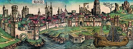 Панорама Кёльна. Раскрашенная гравюра из кн.: Schedel H. Liber chronicarum. 1493. P. 90v — 91. 