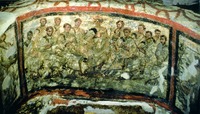 Иисус Христос в окружении апостолов. Фрагмент росписи катакомб на Виа-Анапо. Нач. IV в.