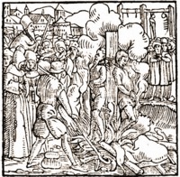 Казнь А. Кларенбаха и П. Флиштедена в Кёльне. Гравюра из кн. Historien der Heiligen. Strassburg, 1554. Bd. 2. Fol. CLXXXIII