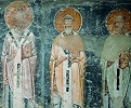 Равноапостольные (справа налево): Климент Охридский, Кирилл и Мефодий. Роспись ц. Св. Софии в Охриде, Македония. 1037–1056 гг.