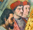 Кардиналы Дж. Медичи (в центре) и Б. Довици да Биббьена в сцене \"Битва при Остии\". Роспись станцы дель Инчендио ди Борго в Ватикане. 1514-1517 гг. Мастерская Рафаэля