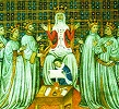 Св. Клотильда делит королевство между сыновьями. Миниатюра из рукописи \"Большие хроники Сен-Дени\". (Toulouse Bibl. municip. 512. Fol. 34v). 1-я пол. XIV в.