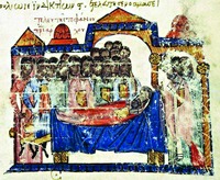 Кончина патриарха Стефана II в 927 г. Миниатюра из «Хроники» Иоанна Скилицы. XII в. (Matrit. gr. 2. Fol. 127)