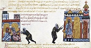 Вдова халифа, христианка, пишет письмо имп. Михаилу IV Пафлагенету. Миниатюра из «Хроники» Иоанна Скилицы (Matrit. gr. 26–2. Fol. 210r). XII в.   в.