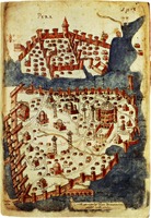Карта Константинополя. Рисунок из кн.: Cris-toforo Buondelmonti. Liber insularum Arcipelagi. 1420–1430 гг. (Marc. Cod. Ware. Lat. XIV; 25-4595. Fol. 123)