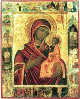 Иверская икона Божией Матери, с клеймами Сказания. 50-е гг. XVII в. (ГИМ, музей «Новодевичий монастырь»)