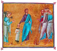 Христос благословляет дитя. Миниатюра из Евангелия 1059 г. (Dionys. 587m. Fol. 38v)