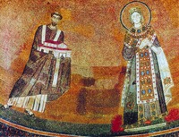 Папа Гонорий III преподносит св. Агнесе модель церкви. Мозаика ц. Сант-Аньезе фуори ле Мура, Рим. Ок. 1625 г.