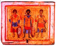 Великомученики Георгий, Феодор Тирон и Димитрий Солунский. Икона. XII в. (ГЭ)