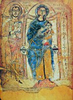 Богородица «Млекопитательница» и свт. Иоанн Богослов. Миниатюра. 989-990 гг. (Британский музей. Ms. Fol. 1v)
