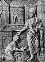 Исцеление кровоточивой жены. Фрагмент христ. саркофага. IV в. (Латеранский музей. Рим)