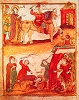 Прп. Василий подвергается бичеванию. Миниатюра из Жития Василия Нового. 50-60-е гг. XVIII в. (ГИМ. Муз. № 196. Л. 192 об)