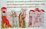 Основание кн. Изяславом Ярославичем Димитриевского мон-ря и постановление игуменом прп. Варлаама. Радзивиловская летопись. XV в. Л. 92 об. (БАН. 34.5.30)