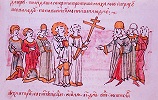 Торжественная встреча жителями и духовенством Владимира князей Михаила и Всеволода Юрьевичей. Миниатюра из Радзивиловской летописи. Кон. XV в. (БАН. 34.5.30. Л. 220)