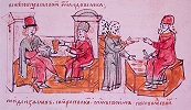 Беседа князей Изяслава Ярославича и Всеволода Ярославича о действиях против половцев. Наем воинов по приказу Изяслава. Миниатюра из Радзивиловской летописи. Кон. XV в. (БАН. 34.5.30. Л. 116, верх)