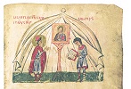 Святые кн. Борис и его отрок Георгий молятся пред иконой Спасителя. Миниатюра из Сильвестровского сборника. 2-я пол. XIV в. (РГАДА. Ф. 381. № 53. Л. 123, верх)