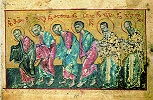 Причащение апостолов. Служба святых отцов. Миниатюры из греко-груз. рукописи. XV в. (РНБ. O.I.58. Л. 34, 34 об., 35)