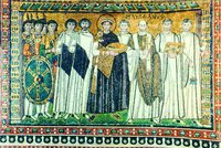 Имп. св. Юстиниан I со свитой. Мозаика ц. Сан-Витале в Равенне. До 548 г.