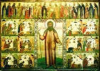 Блж. Иоанн Ростовский, с деисусом и клеймами чудес. Икона. 3-я четв. XVII в. Ростов (ц. Толгской иконы Божией Матери в Ростове)