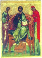Спас на престоле, с предстоящими Иоакимом и Анной. Икона. 2-я пол. XVI в. (ГТГ)