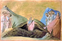 Ап. Иоанн Богослов сходит в могилу. Миниатюра из Минология Василия II. 976–1025 гг. (Vat. gr. 1613. P. 68)