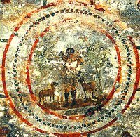 Иисус Христос — Добрый Пастырь. Роспись катакомб Присциллы в Риме. Кон. III в.
