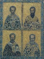 Святители Иоанн Златоуст, Василий Великий, Николай Чудотворец, Григорий Богослов. Мозаичная икона. Нач. XIV в. (ГЭ)