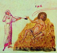 Иов на гноище и его жена. Миниатюра из Киевской Псалтири. 1397 г. (РНБ. F. 6. Л. 161 об.)