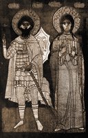 Вмч. Феодор Стратилат и вмц. Ирина. Шитая икона. 1592 г. (ГРМ)