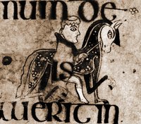 Клирик верхом на коне. Миниатюра из Книги из Келлса. Кон. VIII — нач. IX в. (Dublin. Trinity College Library. A. I (58). Fol. 255v)