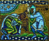 Имп. Ираклий побеждает Хосрова II. Эмаль. Фрагмент креста. 1165 г. (Лувр, Париж)