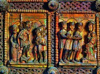 Беседа царя Ирода Великого с волхвами. Поклонение волхвов. Рельеф дверей ц. Санта-Мария им Капитоль в Кёльне. Ок. 1065 г.