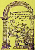 Еп. Исидор Севильский вручает сестре Флорентине кн. «Против иудеев». Миниатюра из рукописи. Ок. 800 г. (Paris. lat. 1396. Fol. 1v)