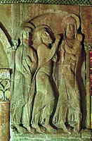 Иисус Христос с учениками на пути в Эммаус. Рельеф клуатра мон-ря Санто-Доминго-де-Силос. Ок. 1130–1150 гг.