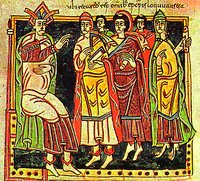 Кор. Реккаред с епископами на III Толедском Соборе. Миниатюра из «Codex Conciliorum Albeldensis seu Vigilanus». 976 г. (Escorial. d. I.2. Fol. 145)