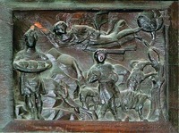 Перенесение ангелом прор. Аввакума в Вавилон. Рельеф дверей ц. Санта-Сабина в Риме. 422–432 гг.