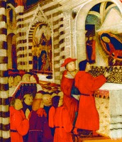 Обряд принесения ключей Деве Марии у алтаря Мадонны-делле-Грацие в соборе Сиены. Расписная таволетта. 1483 г. (Гос. архив Сиены)
