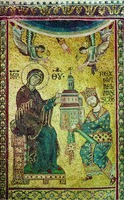 Пресв. Богородица и кор. Вильгельм II. Мозаика. Собор Рождества Пресв. Богородицы в Монреале. 1183-1189 гг.