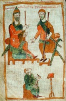 Имп. Карл Великий и его сын Пипин. Миниатюра из «Leges Barbarorum». Между 829 и 836 гг. (Modena. Biblioteca capitolare. O.I.2. Fol. III)