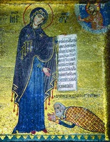 Георгий Антиохийский перед Богоматерью. Мозаика купола ц. Санта-Мария-дель-Аммиральо (Марторана) в Палермо. 1146–1151 гг.
