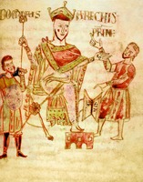 Герц. Арихис I. Миниатюра из кн. «Origo gentis Langobardorum». XII в. (Cava de’Turreni. Archivio della Badia di Cava. Ms. 4. Fol. 40)