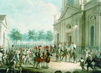 Духовенство приветствует имп. Екатерину II на ступенях Казанского собора в день ее воцарения 28 июня 1762 г. Акварель. Кон. XVIII — 1-й трети XIX в. с оригинала И. К. Кестнера 1760 г. (ГЭ)