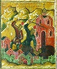 Избиение монахов в пустыне на Желтых водах. Клеймо иконы «Прп. Макарий Унженский, в житии». Сер. XVII в. (ГМИИРТ)