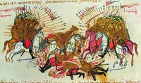 Победа византийских войск над арабами в 863 г. Миниатюра из Хроники Иоанна Скилицы. XII в. (Matrit. gr. 2. Fol. 73v)